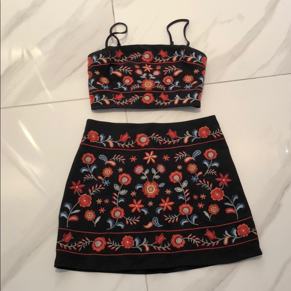 Matching crop top and high rise floral skirt set